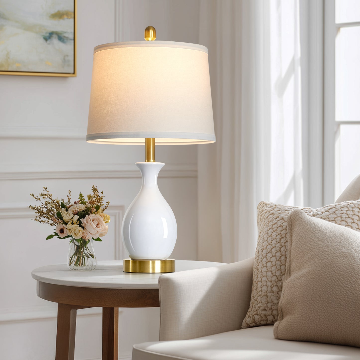 Cinkeda 24" White Ceramic Table Lamps Set of 2, Modern Classic Bedside Lamp with Gold Accents for Living Room Bedroom