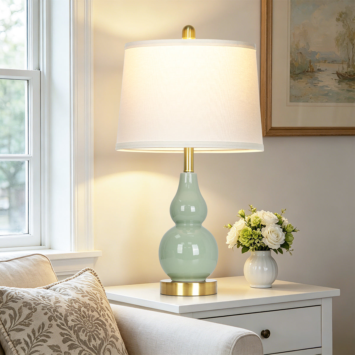 Cinkeda 25" Teal Ceramic Table Lamps Set of 2, 2-Level Rotary Switch Bedside Nightstand Lamps with Gold Base & Slant Shade for Living Room