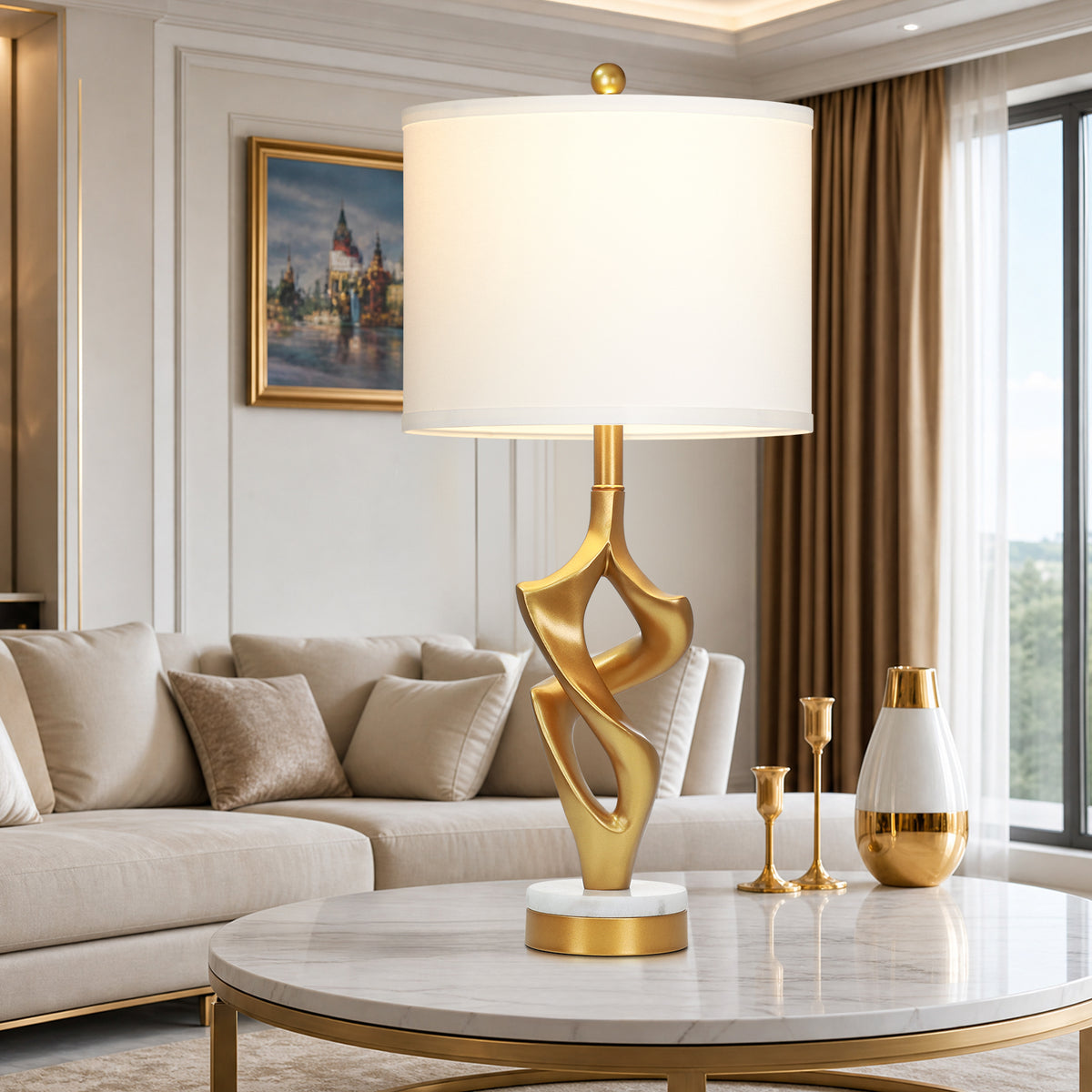 Cinkeda 29" Gold Table Lamp Set of 2, 3-Color Temperature Dimmable Bedside Nightstand Lamps with Marble & Metal Base for Living Room Bedroom, LED Bulbs Included