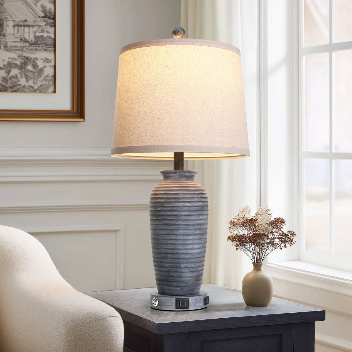 Cinkeda 25" Antique Black Resin Table Lamps Set of 2, 3-Level Touch Control Bedside Nightstand Lamps with USB & Type-C Ports, AC Outlet for Living Room