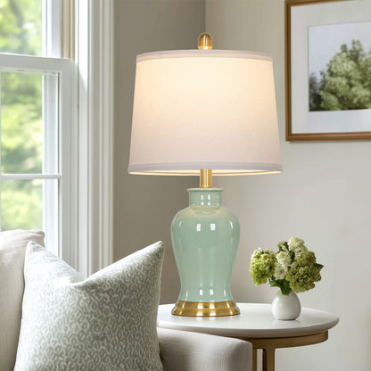 Cinkeda 23" Coastal Green Ceramic Table Lamps Set of 2 with Gold Accents, Modern Ceramic Ginger Jar Nightstand Lamps for Bedroom Living Room