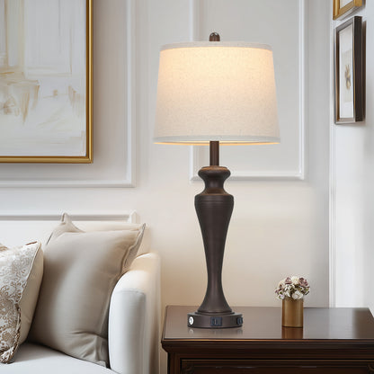 30" Classic Table Lamp, Coffee Base with USB/Type-C & AC Outlet, Linen Shade, E26 Dimmable LED Bulb Included, 3-Way Touch Switch for Bedroom/Living Room(Set of 2)（副本）