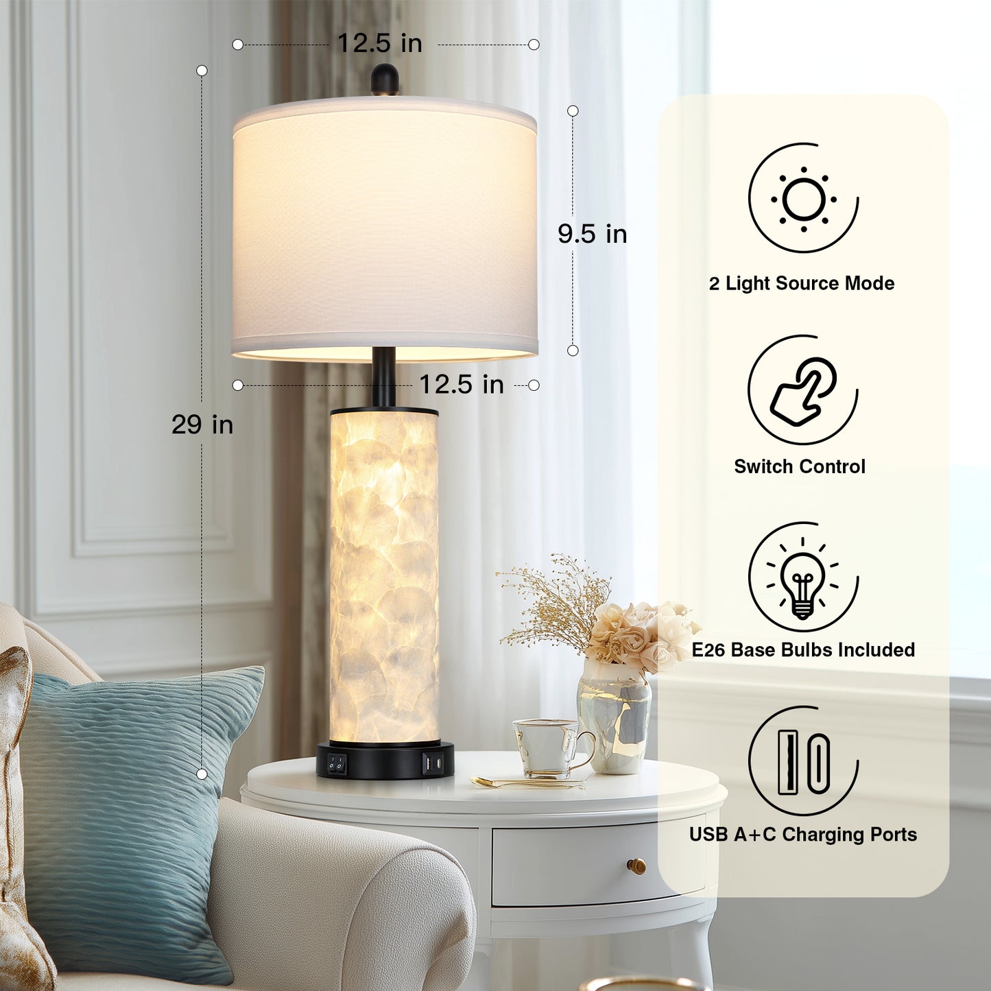 Cinkeda 29" Seashell Table Lamp Set of 2, Coastal Bedside Nightstand Lamps with USB A+C Ports & Dual Night Light, LED Bulbs Included for Living Room(Black)