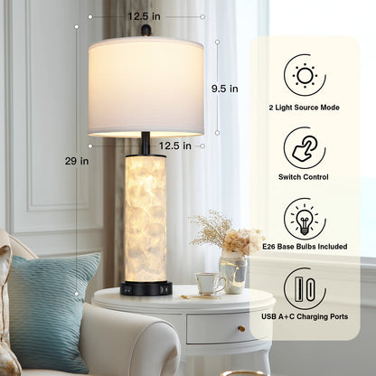 Cinkeda 29" Seashell Table Lamp Set of 2, Coastal Bedside Nightstand Lamps with USB A+C Ports & Dual Night Light, LED Bulbs Included for Living Room(Black)