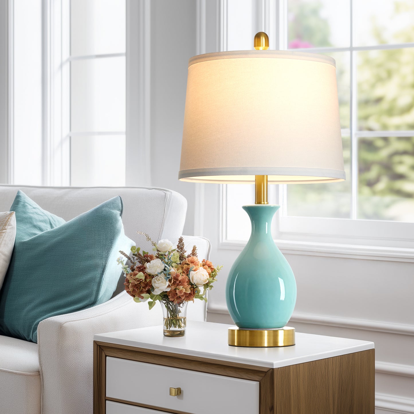 Cinkeda 24" Aqua Blue Ceramic Table Lamps Set of 2, Modern Classic Bedside Lamp with Gold Accents for Living Room Bedroom