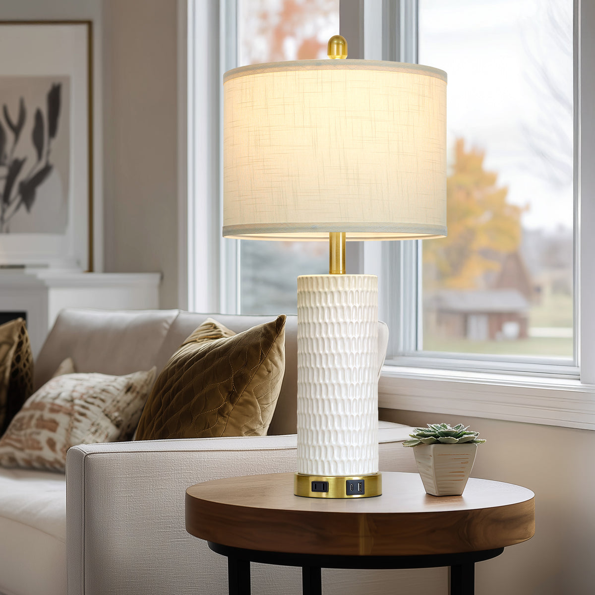 Cinkeda 27" White Ceramic Table Lamps Set of 2, 3-Level Touch Control Bedside Nightstand Lamps with USB & Type-C Ports, AC Outlet for Living Room