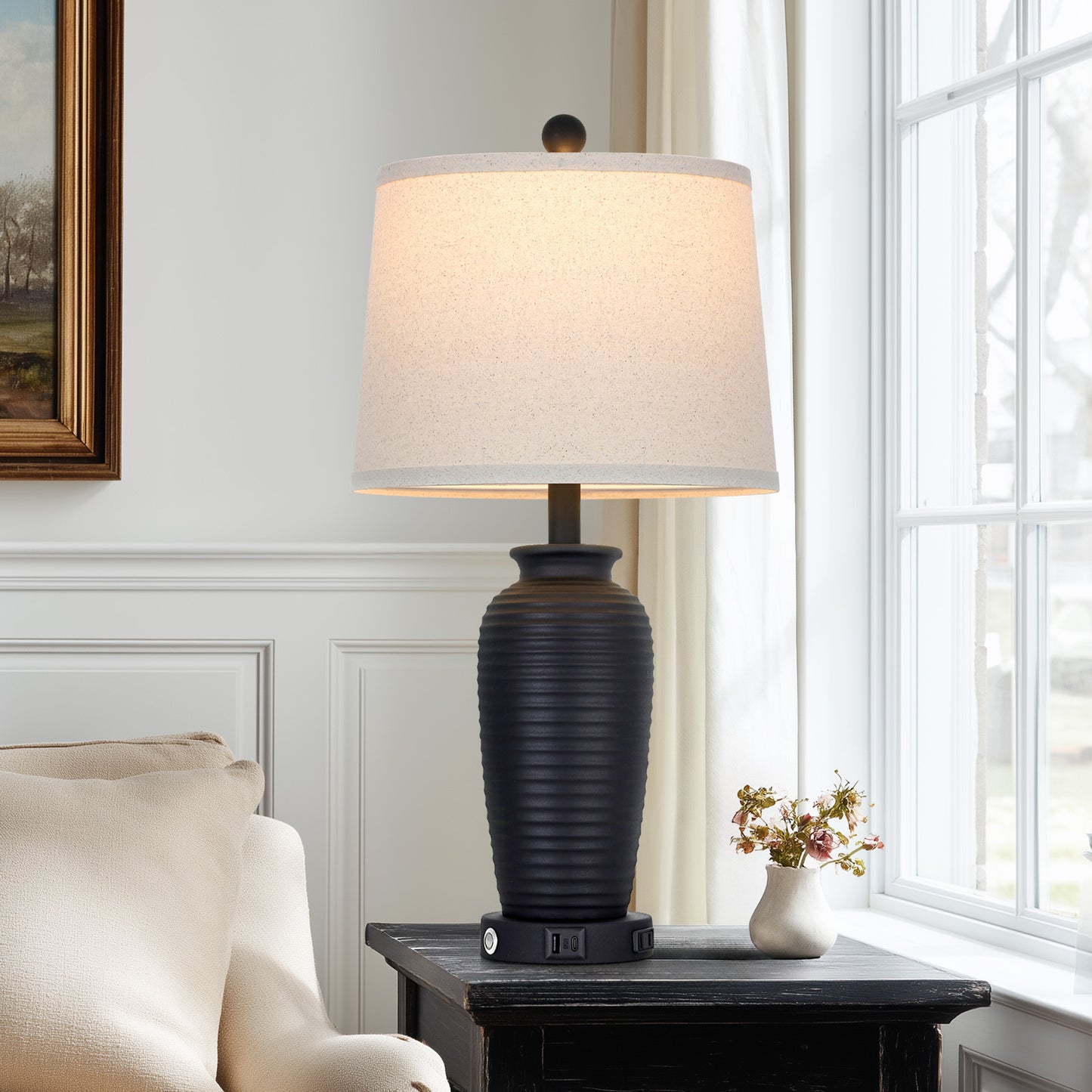 Cinkeda 25" Touch Control Table Lamp, Black Sand-Textured Resin Body with Oatmeal Linen Shade, USB-C & AC Outlet, 3-Level Dimmable, Dimmable LED Bulb Included for Bedroom