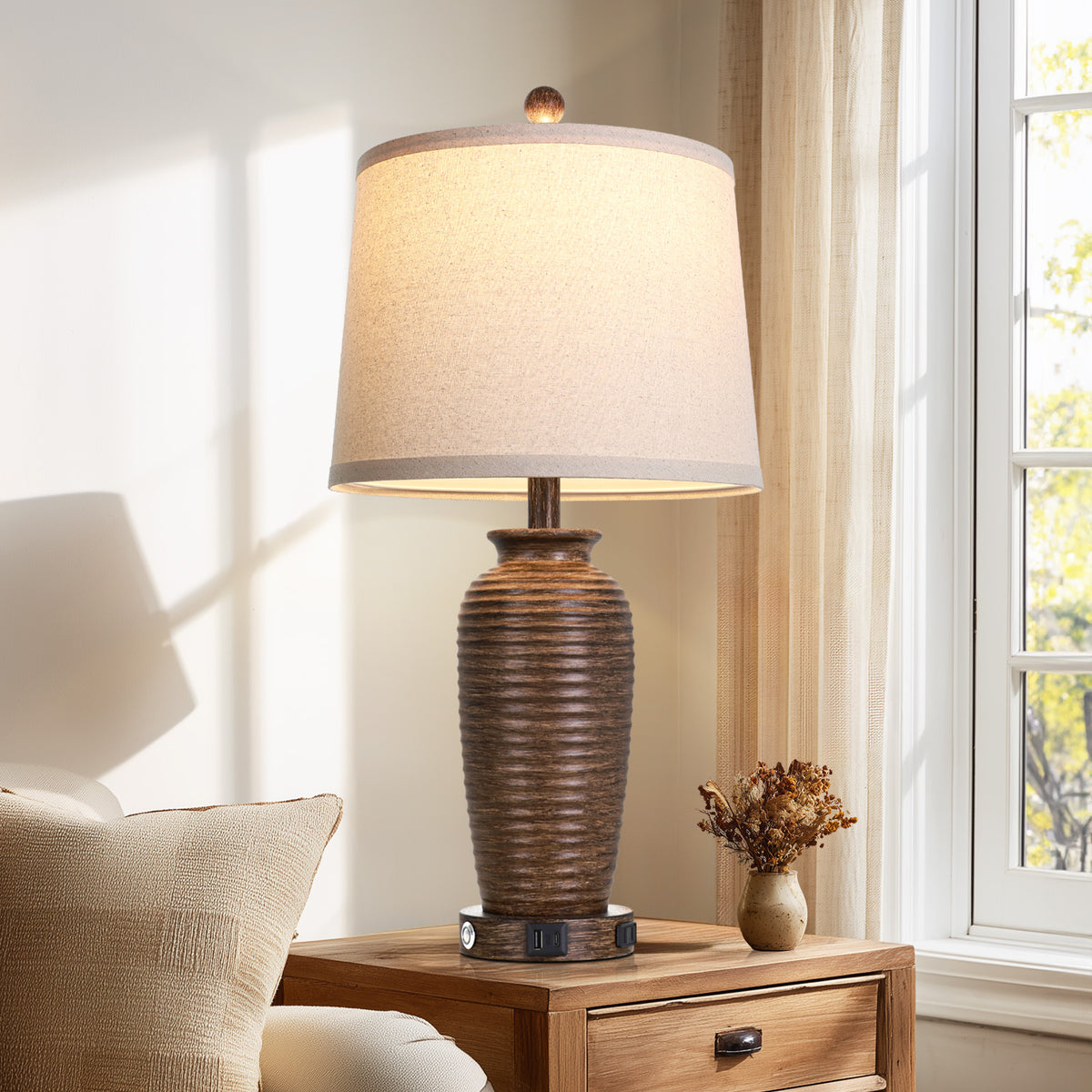 Cinkeda 25" Brown Resin Table Lamps Set of 2, 3-Level Touch Control Bedside Nightstand Lamps with USB & Type-C Ports, AC Outlet for Living Room
