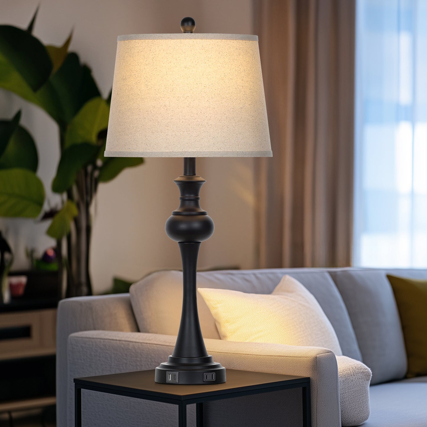 Cinkeda Single Table Lamp for Bedroom Living Room 28.75" Industrial Black 3 Way Dimmable Touch Control Nightstand Bedside Lamp with USB C+A Ports AC Outlet