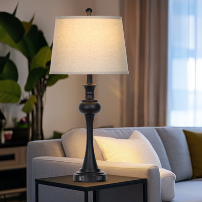 Cinkeda Single Table Lamp for Bedroom Living Room 28.75" Industrial Black 3 Way Dimmable Touch Control Nightstand Bedside Lamp with USB C+A Ports AC Outlet