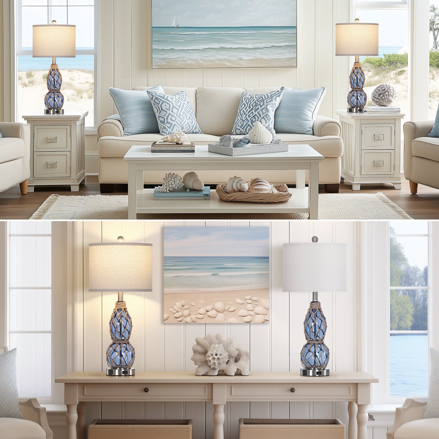 Cinkeda Coastal Glass Table Lamps Set of 2 with USB C+A Ports AC Outlet 3 Way Dimmable Touch Control Nightlight 26" Nautical Bedside Lamp for Living Room Bedroom