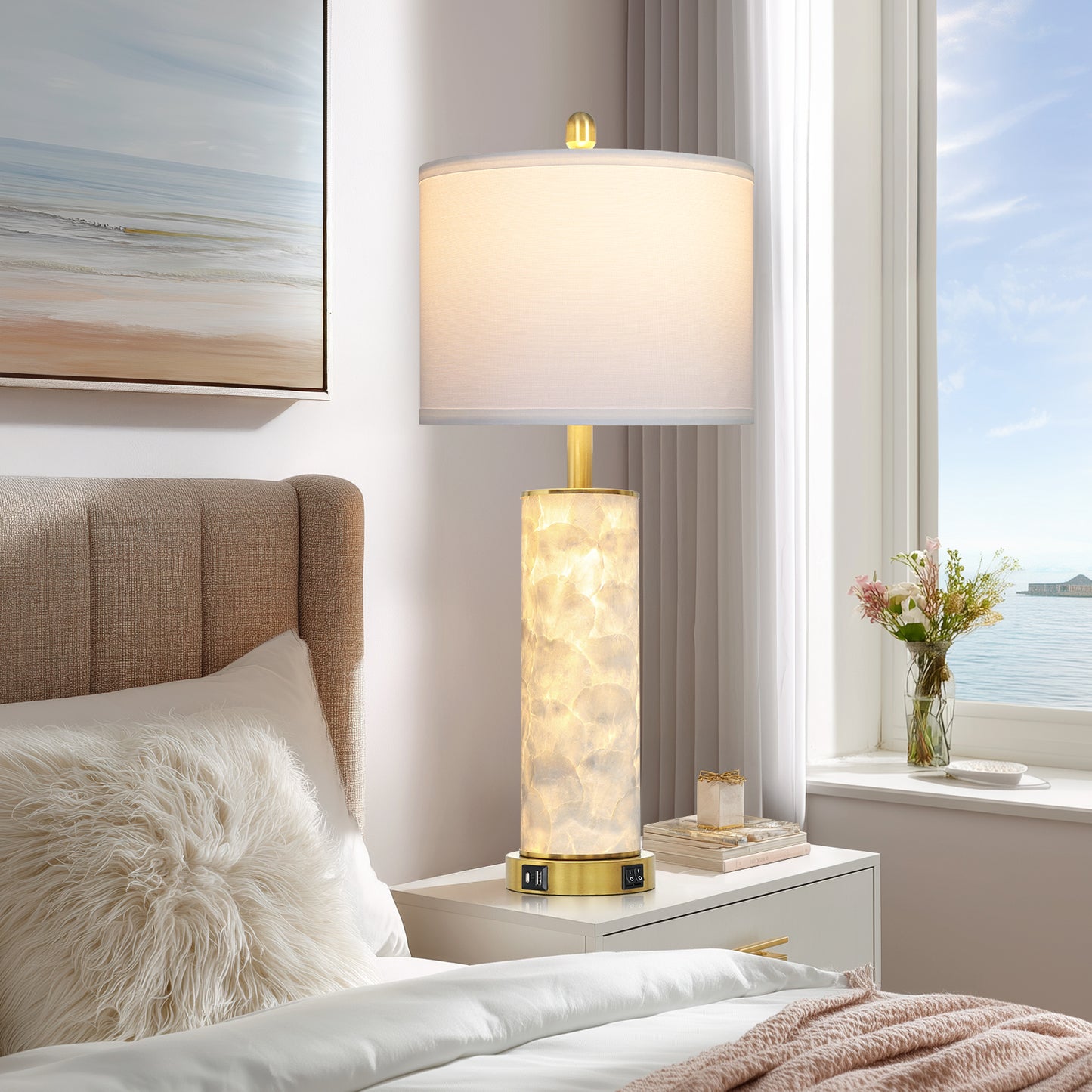 Cinkeda 29" White Seashell Table Lamp Set of 2, Coastal Bedside Nightstand Lamps with USB A+C Ports & Dual Night Light, LED Bulbs Included for Living Room(Gold))