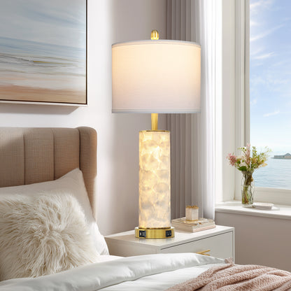 Cinkeda 29" White Seashell Table Lamp Set of 2, Coastal Bedside Nightstand Lamps with USB A+C Ports & Dual Night Light, LED Bulbs Included for Living Room(Gold))