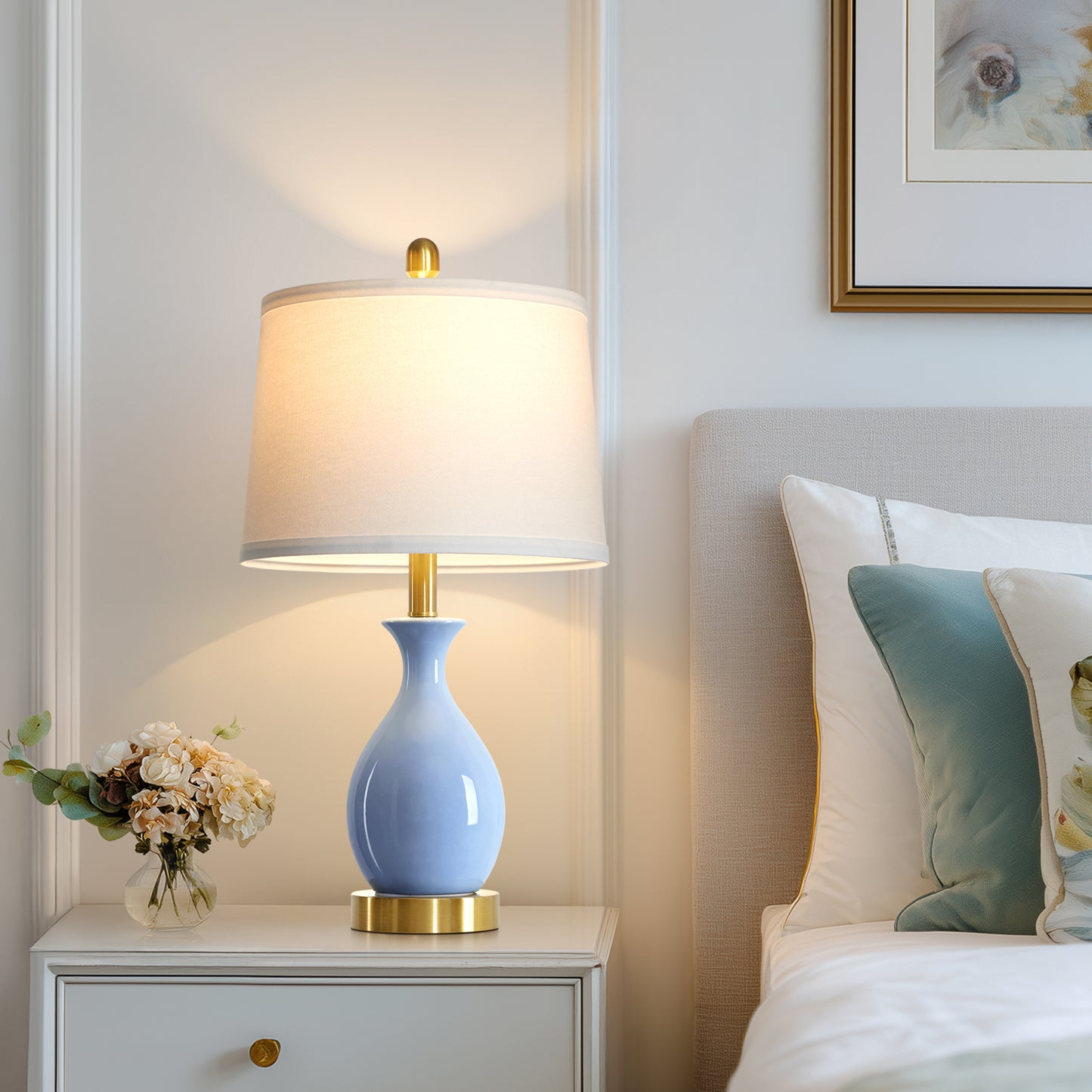 Cinkeda 24" Blue Ceramic Table Lamps Set of 2, Modern Classic Bedside Lamp with Gold Accents for Living Room Bedroom