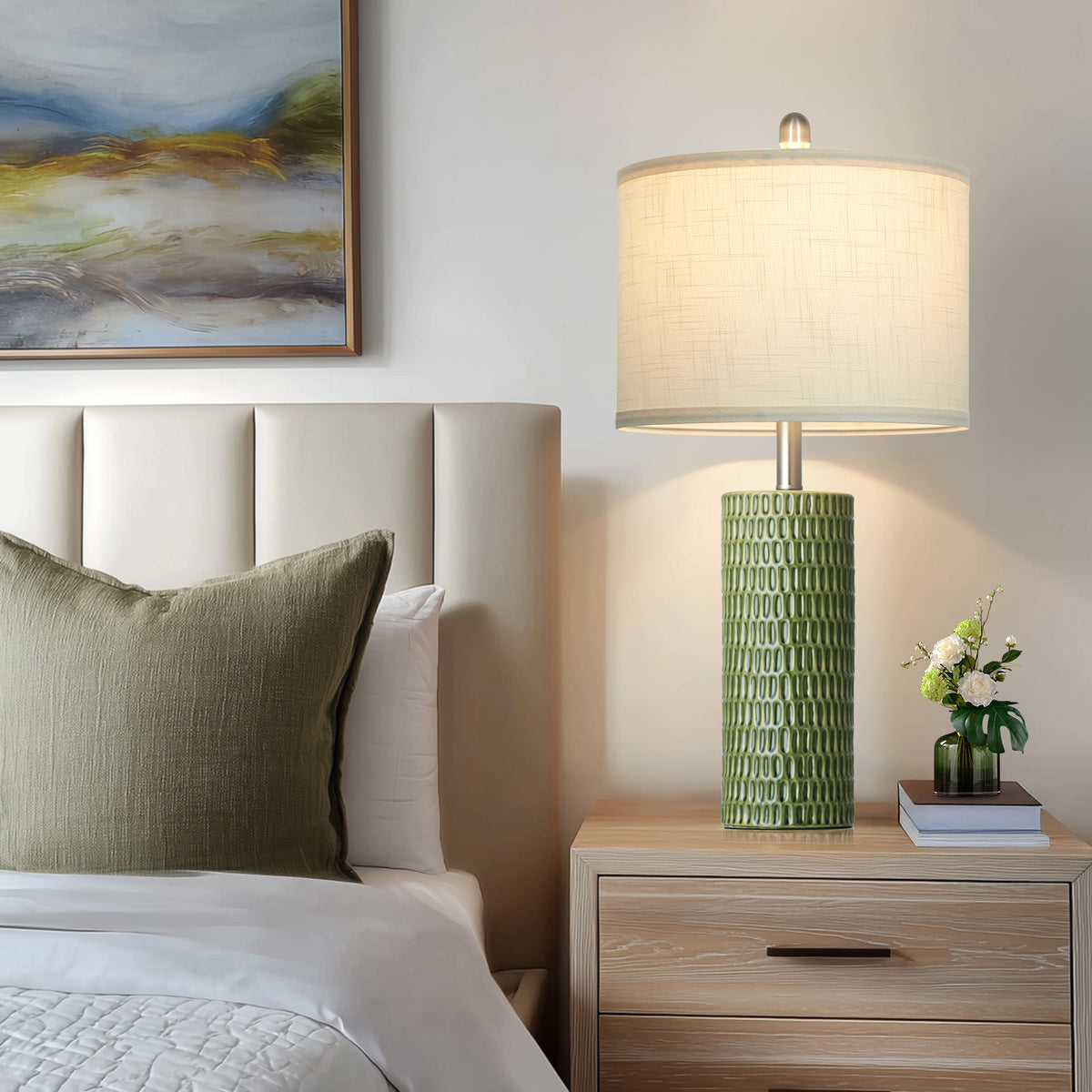 Cinkeda 26.5" Green Ceramic Table Lamps Set of 2, 2-Level Rotary Switch Bedside Lamps with Carved Bamboo Texture & Nickel Base for Living Room