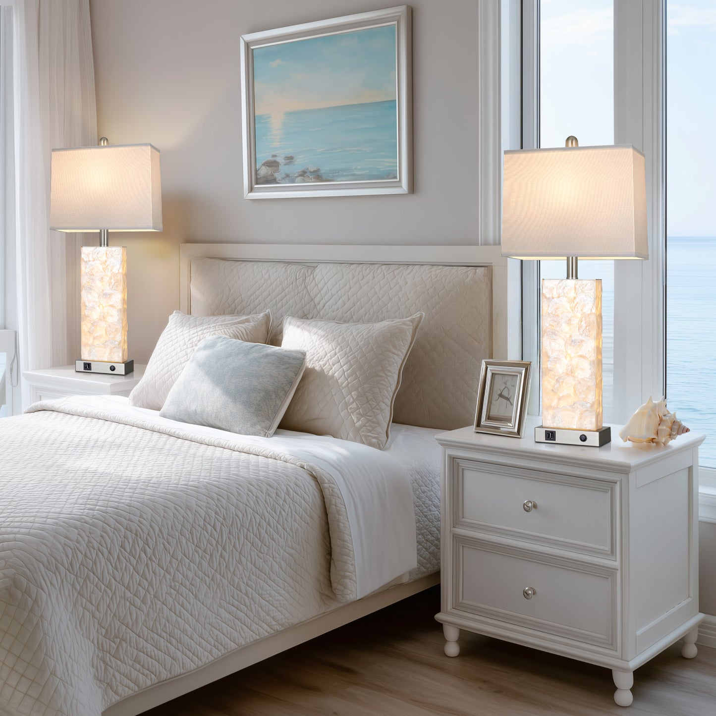 Cinkeda 28" Nickel Seashell Table Lamps Set of 2, Dual Switch Bedside Nightstand Lamps with USB & Type-C Ports, Night Light for Living Room