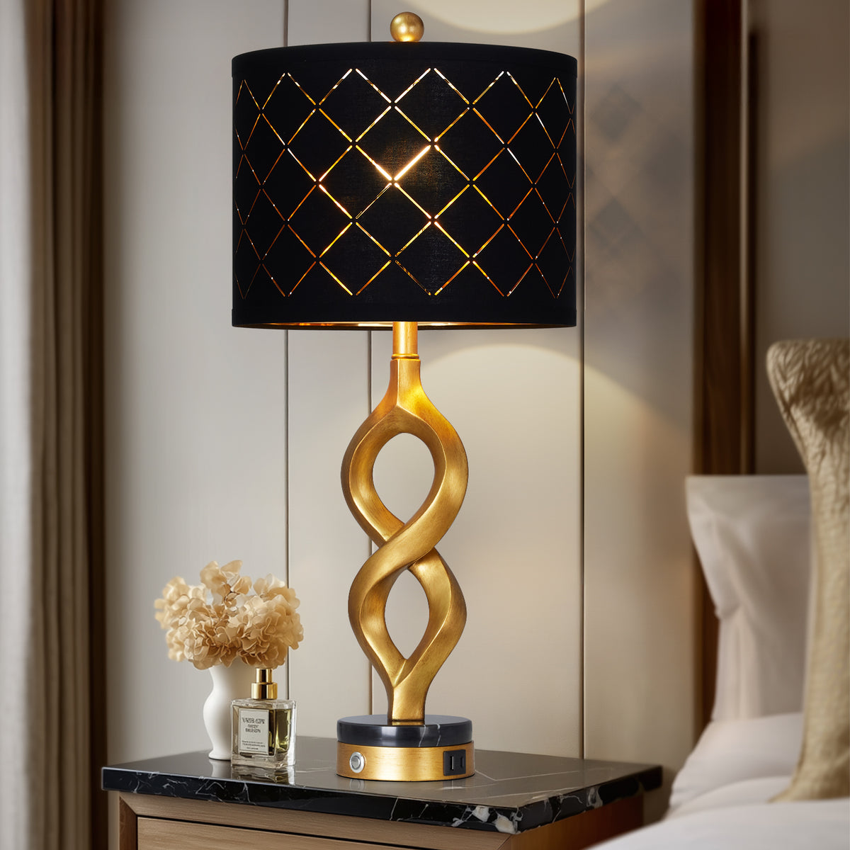 Cinkeda 30" Black and Gold Table Lamp, Modern Touch Control Dimmable Bedside Nightstand Lamp with USB A+C Ports & LED Bulb for Bedroom Living Room