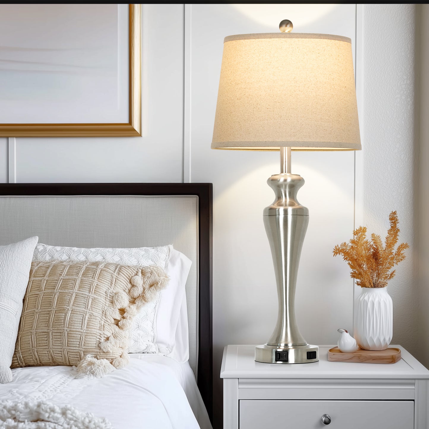 30" Classic Table Lamp, Silver Base with USB/Type-C & AC Outlet, Linen Shade, E26 Dimmable LED Bulb Included, 3-Way Touch Switch for Bedroom/Living Room(Set of 2)