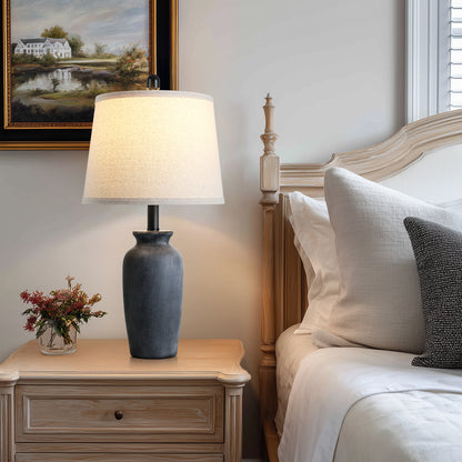 Cinkeda 24.5" Black Ceramic Jar Table Lamps Set of 2, Farmhouse Bedside Lamps with Oatmeal Fabric Shade for Bedroom Living Room