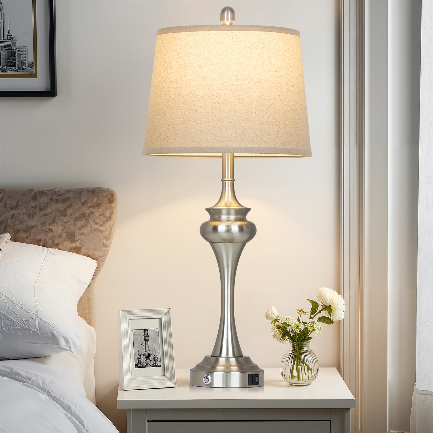 Cinkeda 30" Tall Table Lamps Set of 2, Silver Industrial Design with 3-Way Touch Dimming & USB/Type-C Ports for Bedroom Living Room