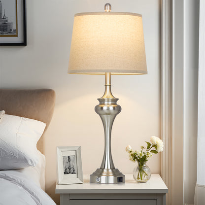 Cinkeda 30" Tall Table Lamps Set of 2, Silver Industrial Design with 3-Way Touch Dimming & USB/Type-C Ports for Bedroom Living Room