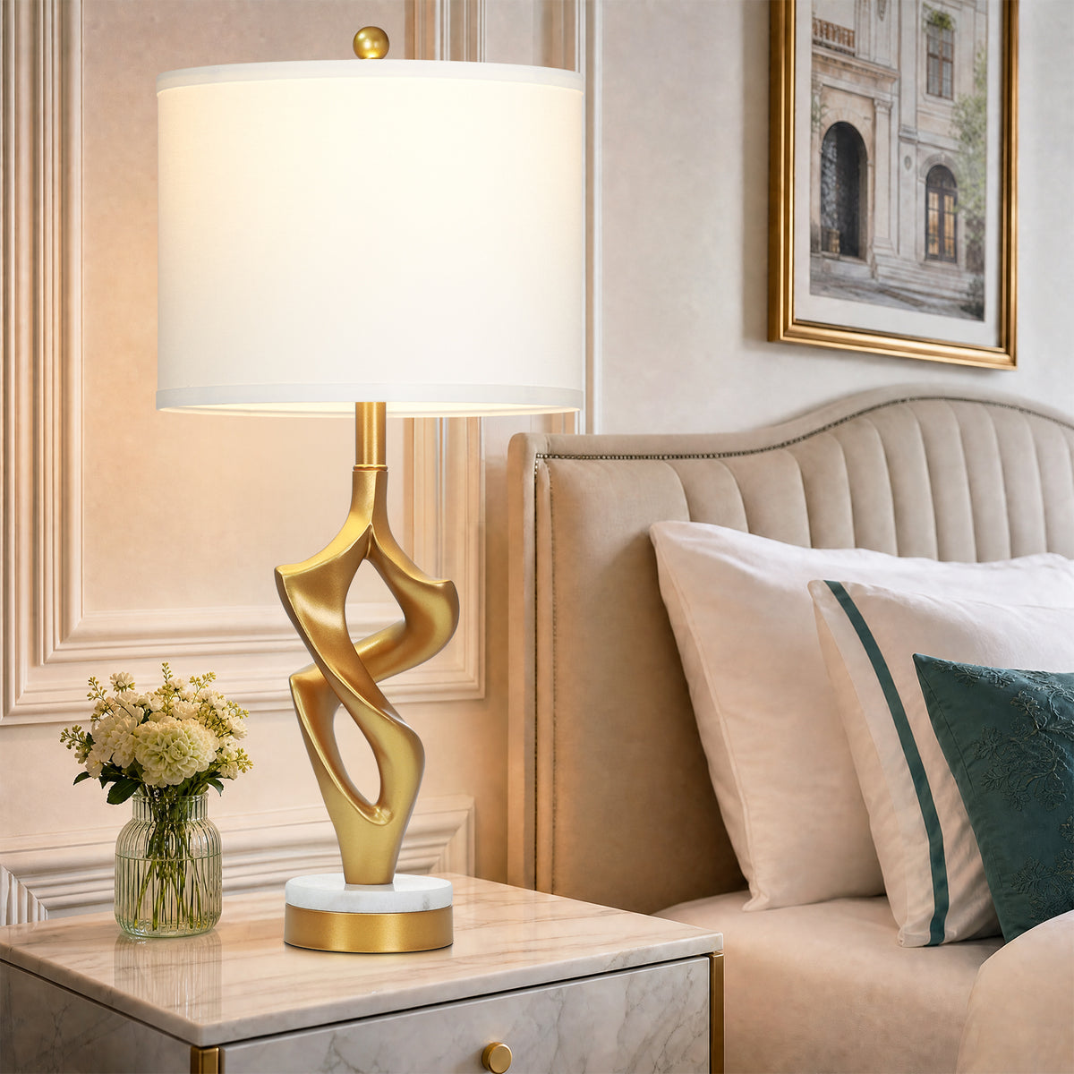 Cinkeda 29" Gold Table Lamp Set of 2, 3-Color Temperature Dimmable Bedside Nightstand Lamps with Marble & Metal Base for Living Room Bedroom, LED Bulbs Included