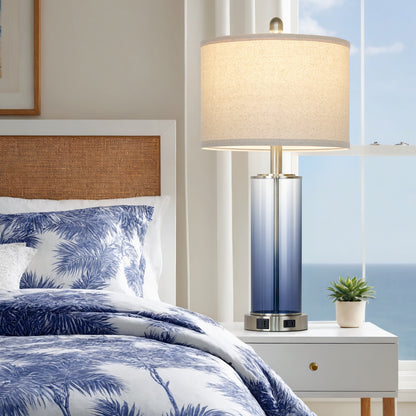 Cinkeda 26" Blue Gradient Glass Table Lamps Set of 2, 3-Level Touch Control Bedside Nightstand Lamps with USB & Type-C Ports, AC Outlet for Living Room