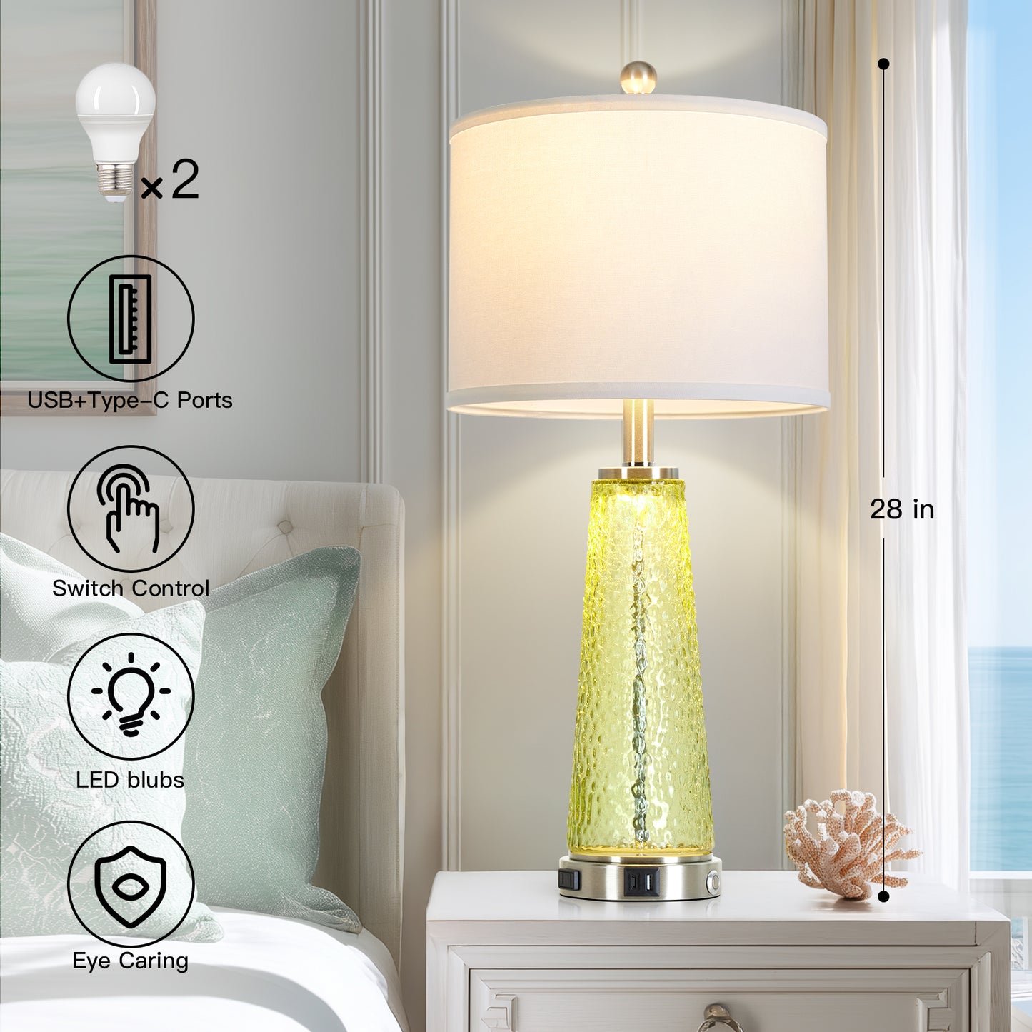 Cinkeda 26" Yellow Speckled Glass Table Lamps Set of 2, Modern Touch Control Table Lamp with USB A+C Charging Ports, Nightstand Lamp for Bedroom Living Room Decor