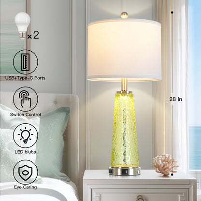 Cinkeda 26" Yellow Speckled Glass Table Lamps Set of 2, Modern Touch Control Table Lamp with USB A+C Charging Ports, Nightstand Lamp for Bedroom Living Room Decor