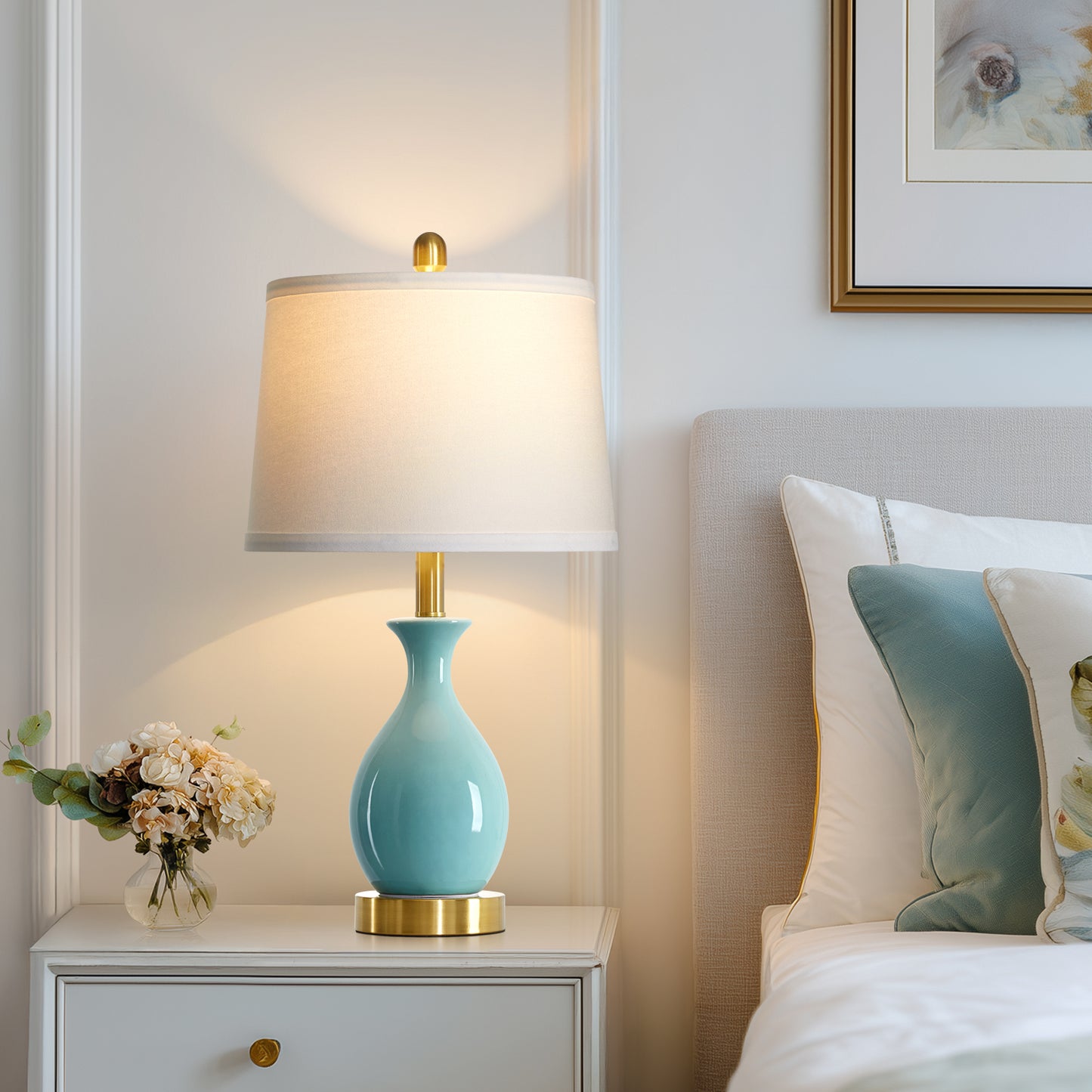 Cinkeda 24" Aqua Blue Ceramic Table Lamps Set of 2, Modern Classic Bedside Lamp with Gold Accents for Living Room Bedroom