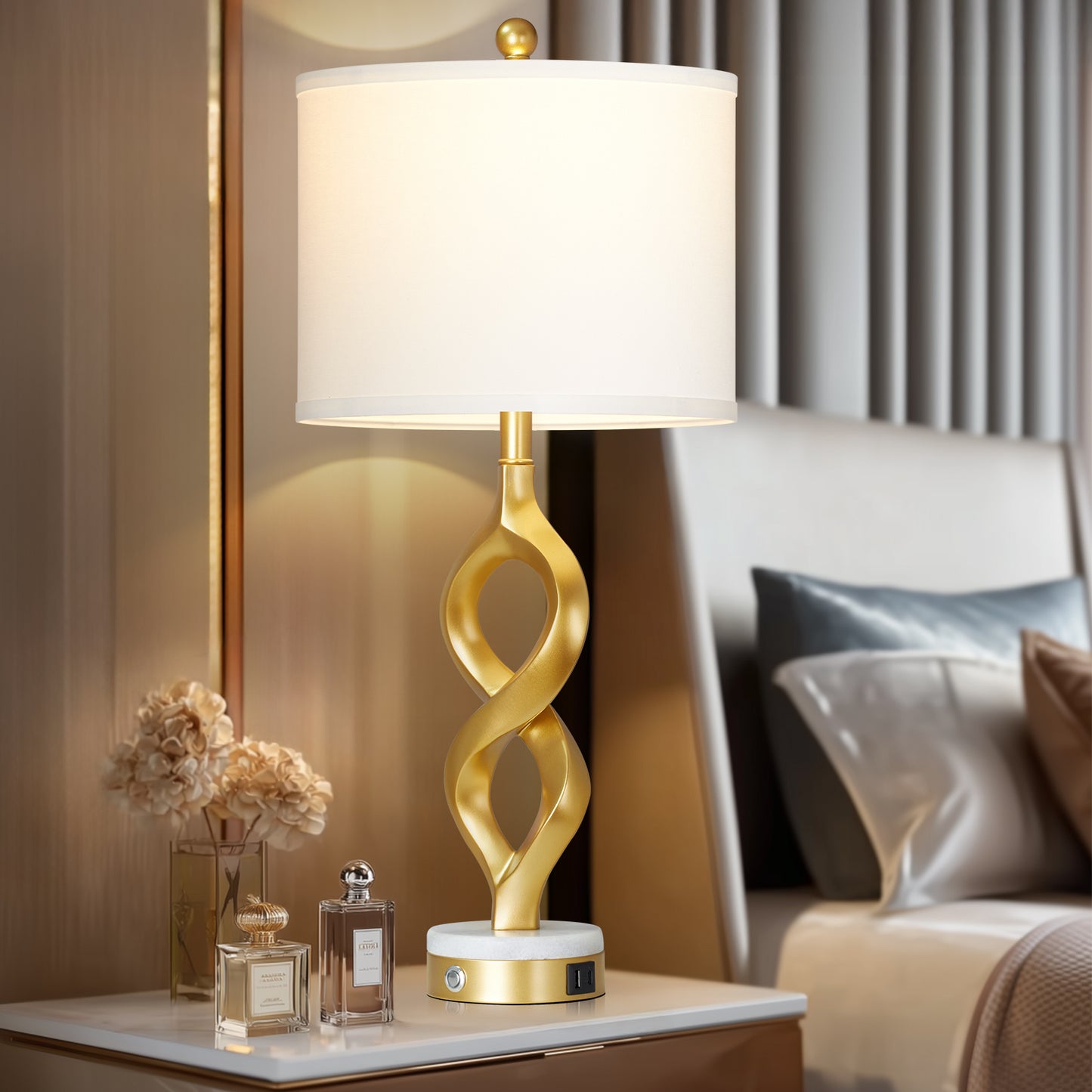 Cinkeda 30" Modern Table Lamps Set of 2 with USB A+C Ports, 3-Way Dimmable Touch Control Resin Bedside Lamps for Bedroom Nightstand Living Room