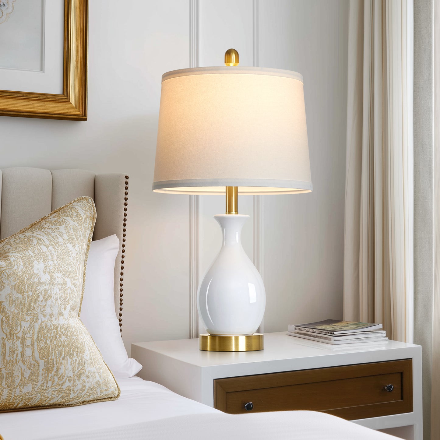 Cinkeda 24" White Ceramic Table Lamps Set of 2, Modern Classic Bedside Lamp with Gold Accents for Living Room Bedroom