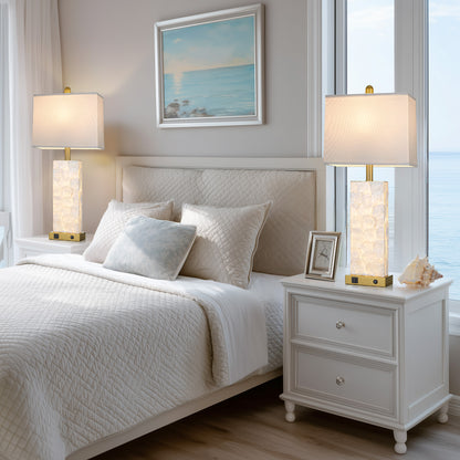 Cinkeda 28" Gold Table Lamp Set of 2, Coastal Seashell Bedside Nightstand Lamps with USB A+C Ports & Night Light for Living Room Bedroom