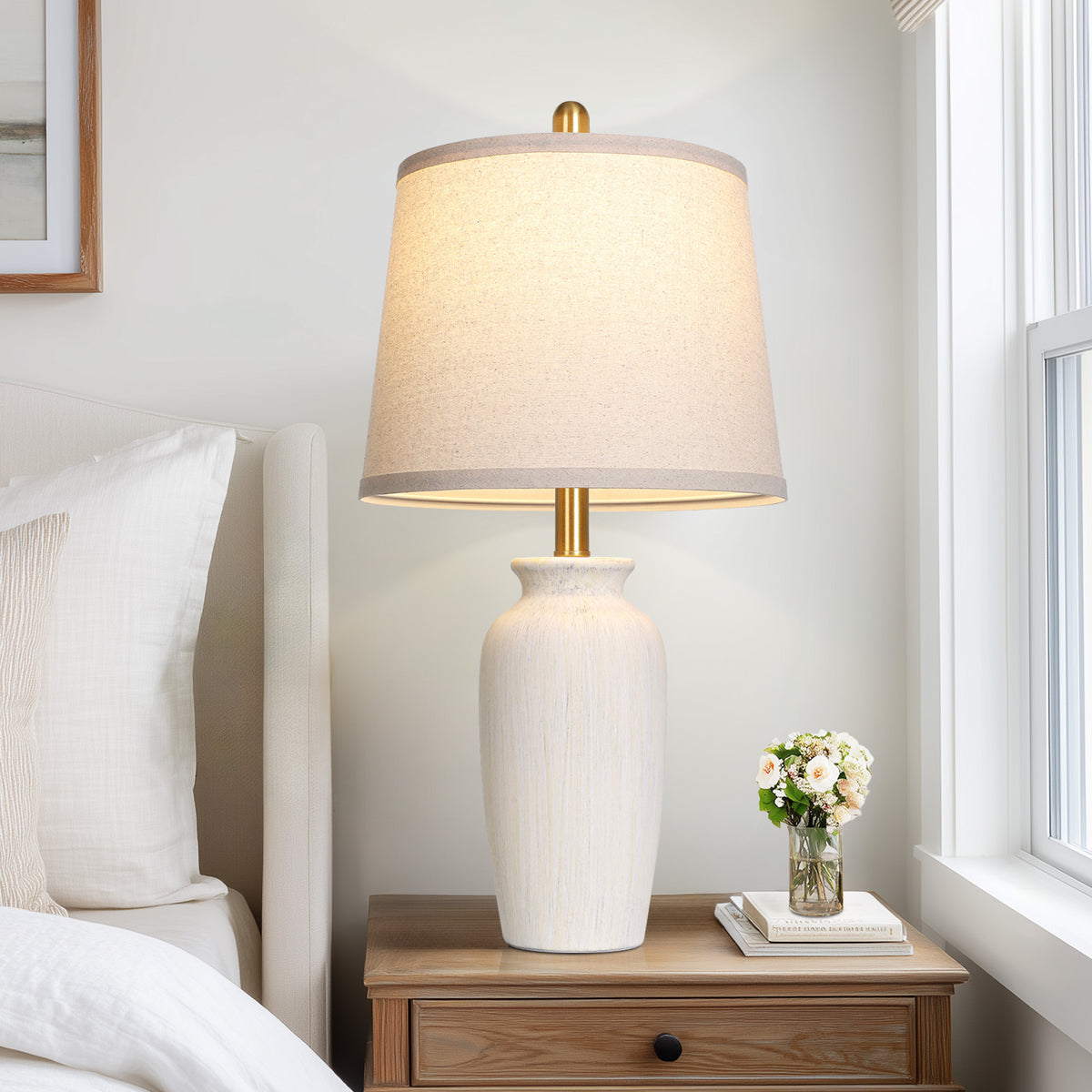 Cinkeda 24.5" Beige Ceramic Table Lamps Set of 2, 2-Level Rotary Switch Bedside Nightstand Lamps with Gold Accents & Slant Shade for Living Room