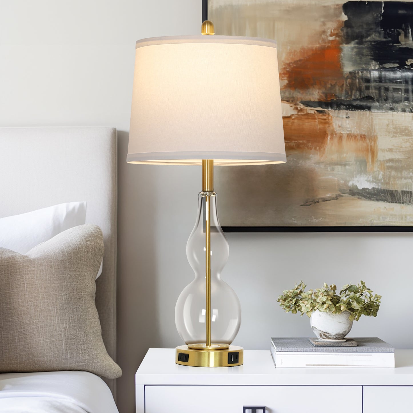 Cinkeda Clear Glass Table Lamp Set of 2 for Living Room Bedroom 27.5" 3-Way Dimmable Touch Control Bedside Lamps with USB Ports AC Outlet Morden Clear Glass Nightstand Lamp