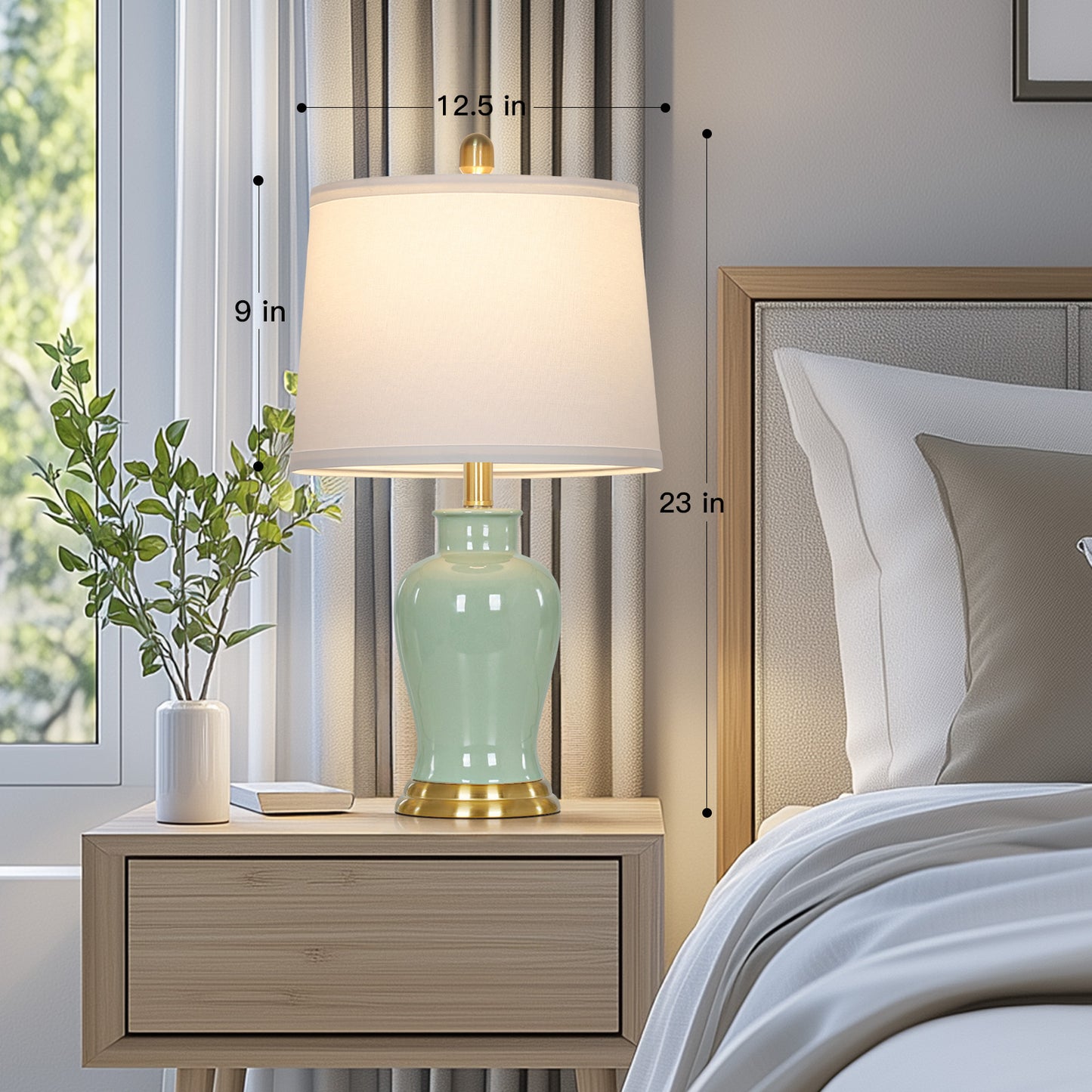 Cinkeda 23" Coastal Green Ceramic Table Lamps Set of 2 with Gold Accents, Modern Ceramic Ginger Jar Nightstand Lamps for Bedroom Living Room