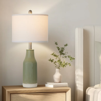 Cinkeda 24.5" Ceramic Table Lamps Set of 2 with Rotary Switch, Modern Farmhouse White Glaze & Drum Shade for Bedroom Living Room