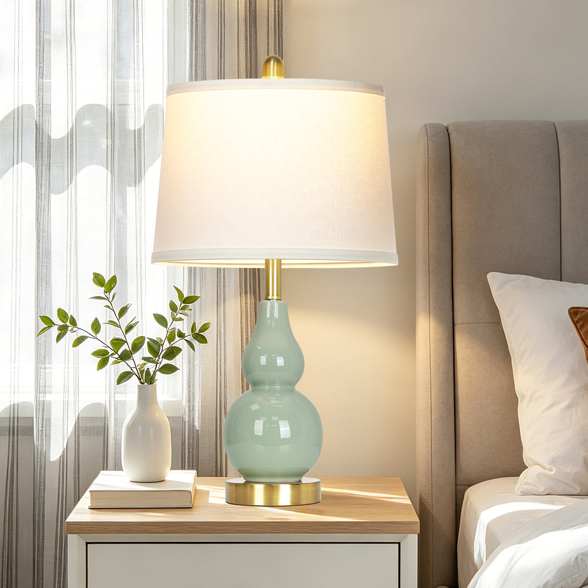 Cinkeda 25" Teal Ceramic Table Lamps Set of 2, 2-Level Rotary Switch Bedside Nightstand Lamps with Gold Base & Slant Shade for Living Room