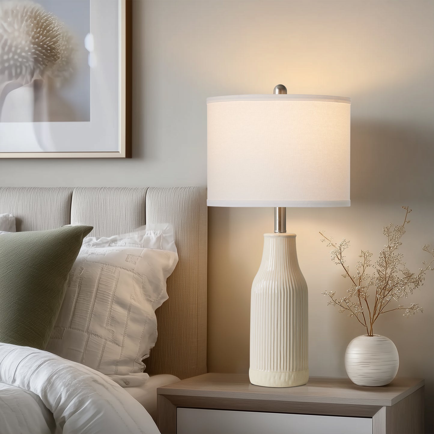 Cinkeda 26" Ceramic Table Lamps Set of 2 with Rotary Switch, Modern Farmhouse White Glaze & Drum Shade for Bedroom Living Room