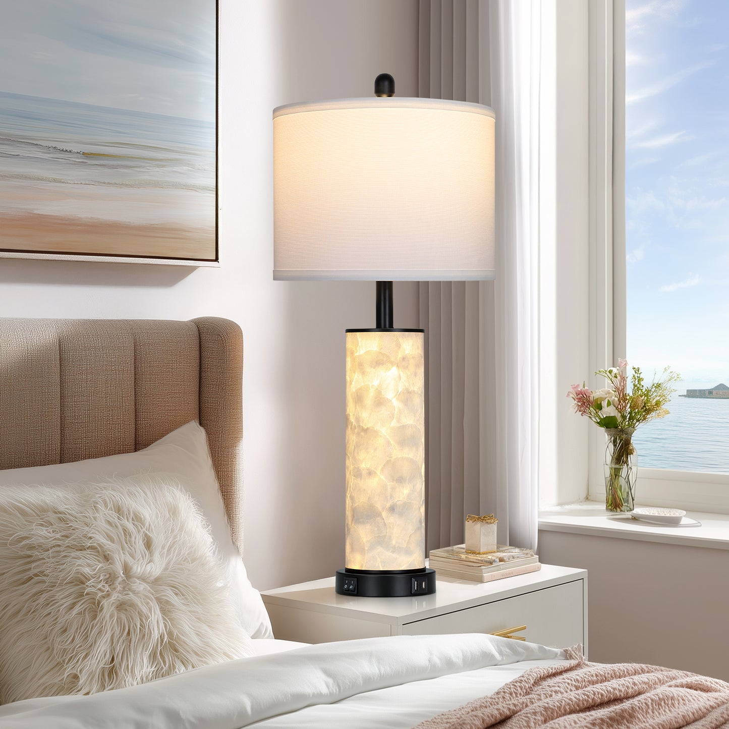 Cinkeda 29" Seashell Table Lamp Set of 2, Coastal Bedside Nightstand Lamps with USB A+C Ports & Dual Night Light, LED Bulbs Included for Living Room(Black)