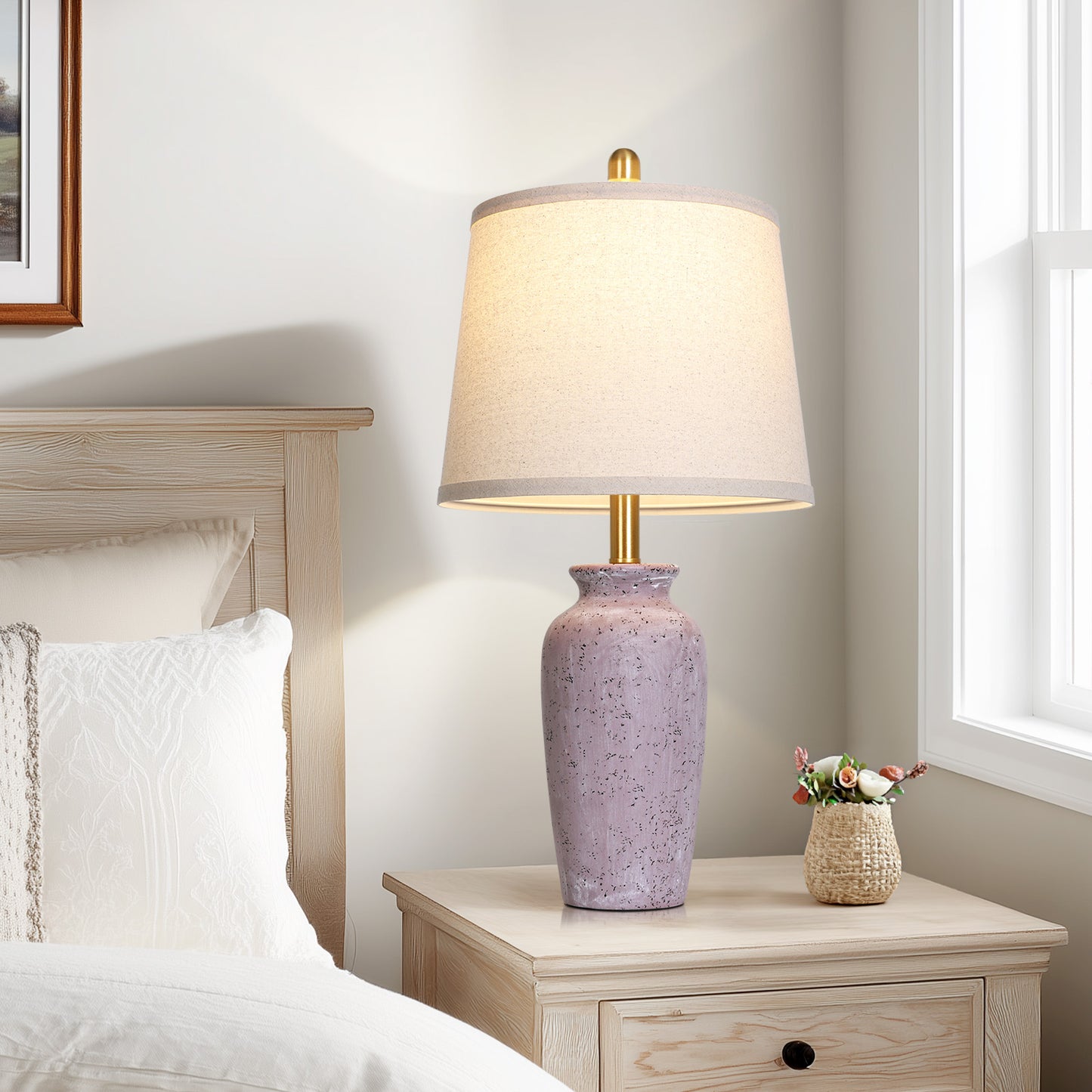 Cinkeda 24.5" Purple Ceramic Jar Table Lamps Set of 2, Farmhouse Bedside Lamps with Oatmeal Fabric Shade for Bedroom Living Room