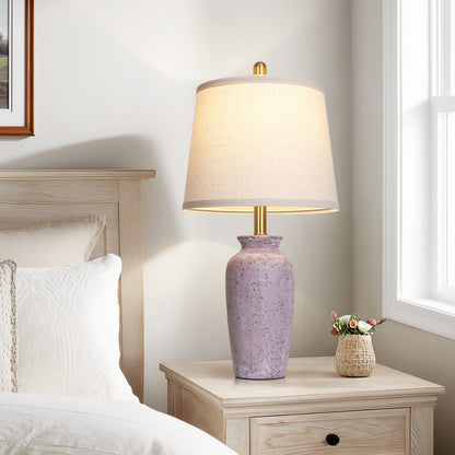Cinkeda 24.5" Purple Ceramic Jar Table Lamps Set of 2, Farmhouse Bedside Lamps with Oatmeal Fabric Shade for Bedroom Living Room