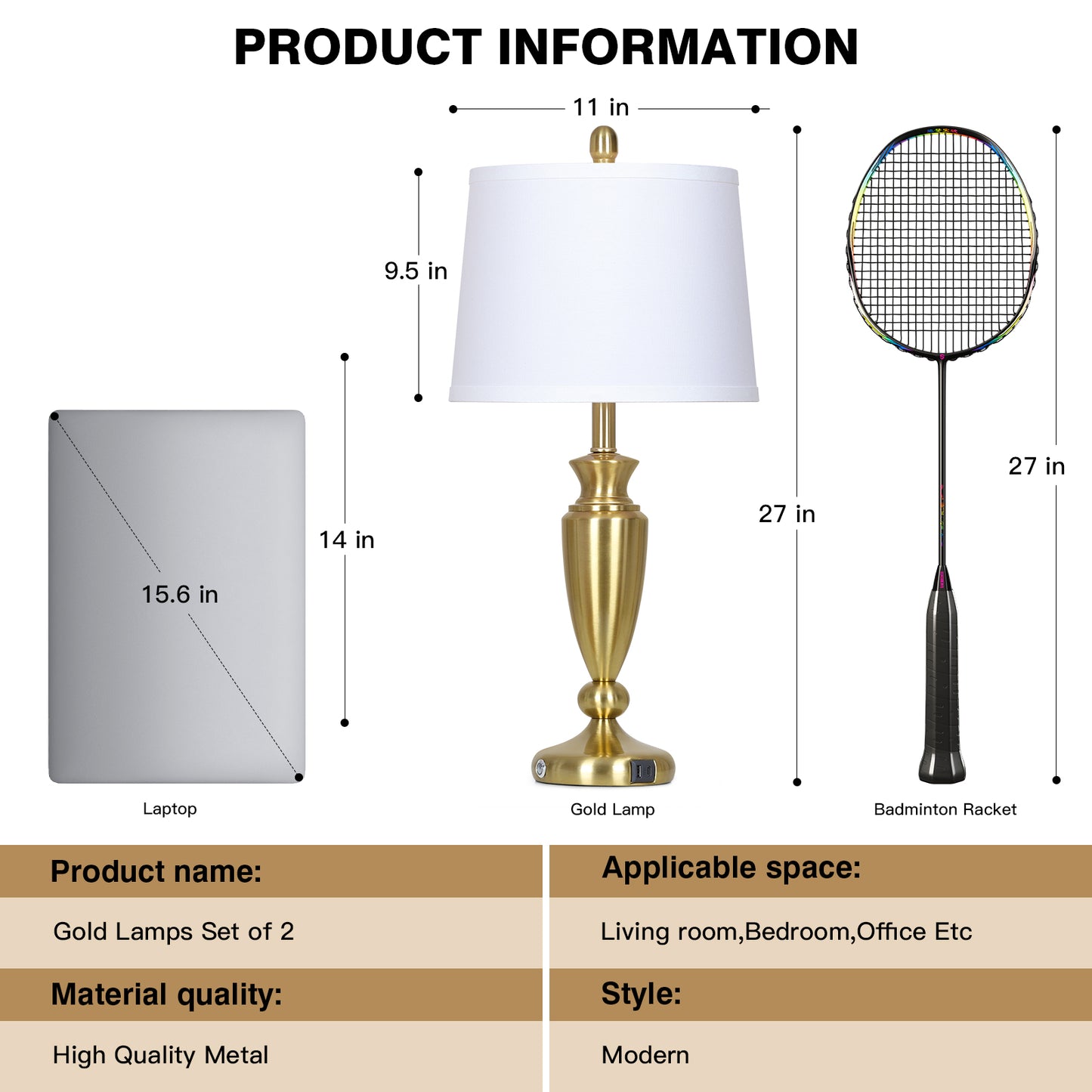 Cinkeda Table Lamps Set of 2 for Bedroom Living Room 27" Tall Gold Industrial Bedside Lamp with USB +C Charging Ports Modern 3-Way Dimmable Touch Control Nightstand Lamp