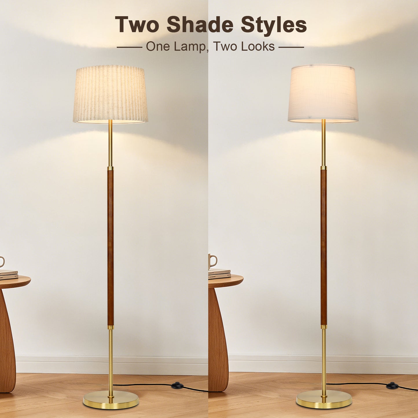 Cinkeda 65" Mid-Century Modern Wood Floor Lamp, Gold Standing Lamp with 2 Fabric Shades, 3-Color Temp & Foot Switch for Living Room Bedroom, LED Bulb Included