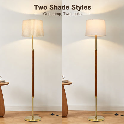 Cinkeda 65" Mid-Century Modern Wood Floor Lamp, Gold Standing Lamp with 2 Fabric Shades, 3-Color Temp & Foot Switch for Living Room Bedroom, LED Bulb Included