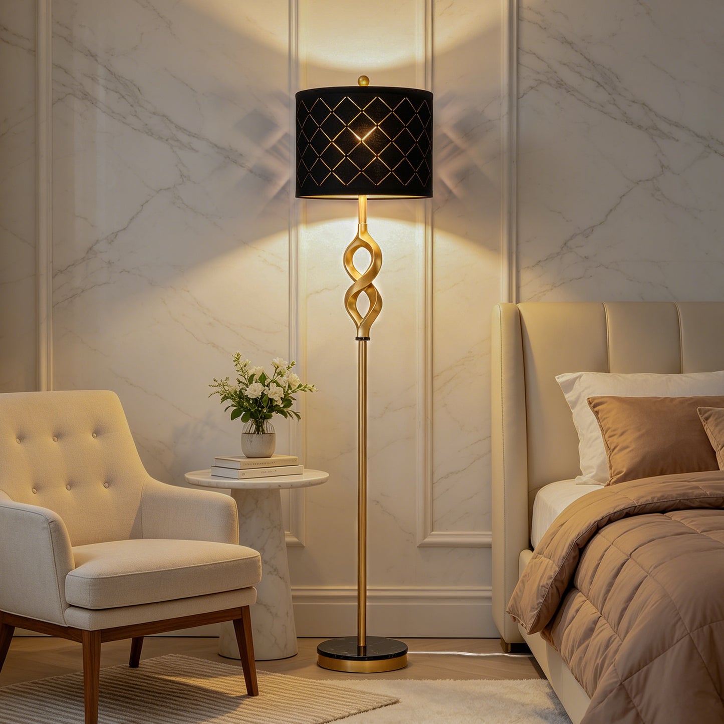 Cinkeda 65" Black and Gold Floor Lamp, Modern Standing Lamp for Living Room Bedroom, 3-Color Temperature Dimmable Corner Lamp with Marble & Metal Base, LED Bulb Included
