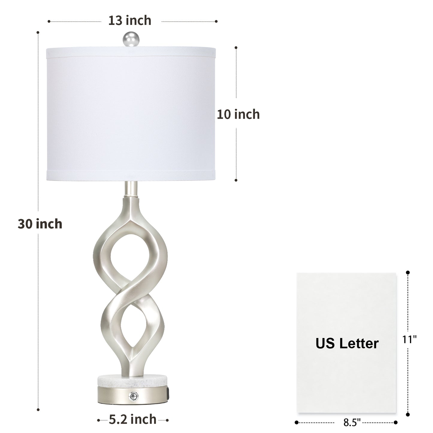 Cinkeda Silver Table Lamps 2 Pack, 30 Inch Touch Control Nightstand Lamp with USB A+C, Dimmable LED Modern Sculptural Lamp for Bedroom Living Room