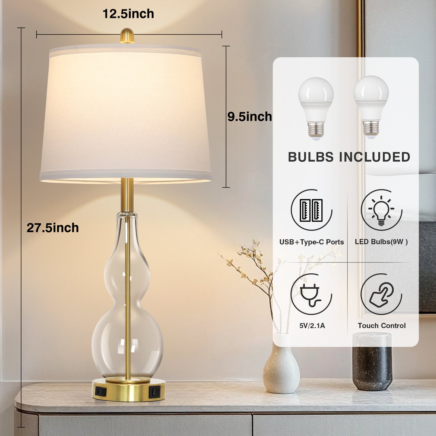 Cinkeda Clear Glass Table Lamp Set of 2 for Living Room Bedroom 27.5" 3-Way Dimmable Touch Control Bedside Lamps with USB Ports AC Outlet Morden Clear Glass Nightstand Lamp