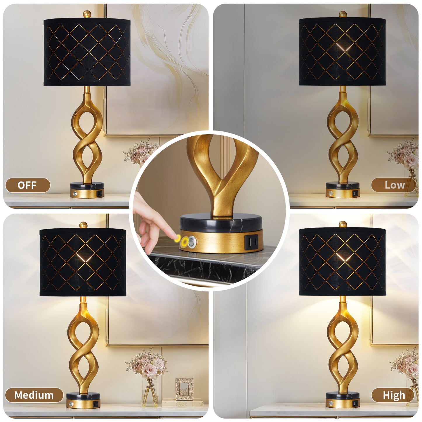 Cinkeda Modern Table Lamp Set of 2 with USB A+C Ports for Bedroom Living Room,Resin Nightstand 3-Way Dimmable Touch Bedside Lamp