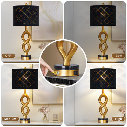 Cinkeda Modern Table Lamp Set of 2 with USB A+C Ports for Bedroom Living Room,Resin Nightstand 3-Way Dimmable Touch Bedside Lamp
